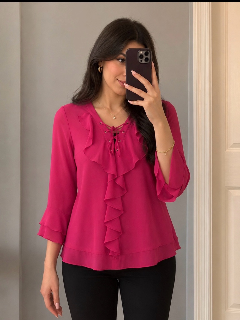 Melissa Paige Women’s Pink Ruffle Lace Up Blouse  M 3/4 Sleeve Layered Hem Top